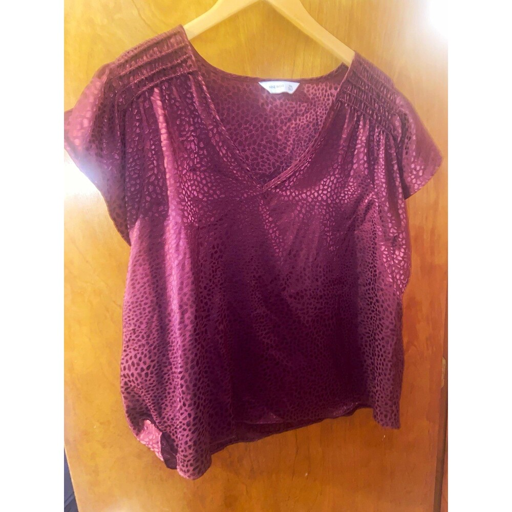 Nine West Burgundy Animal Print Satin V-Neck Short Sleeve Pleated Blouse
